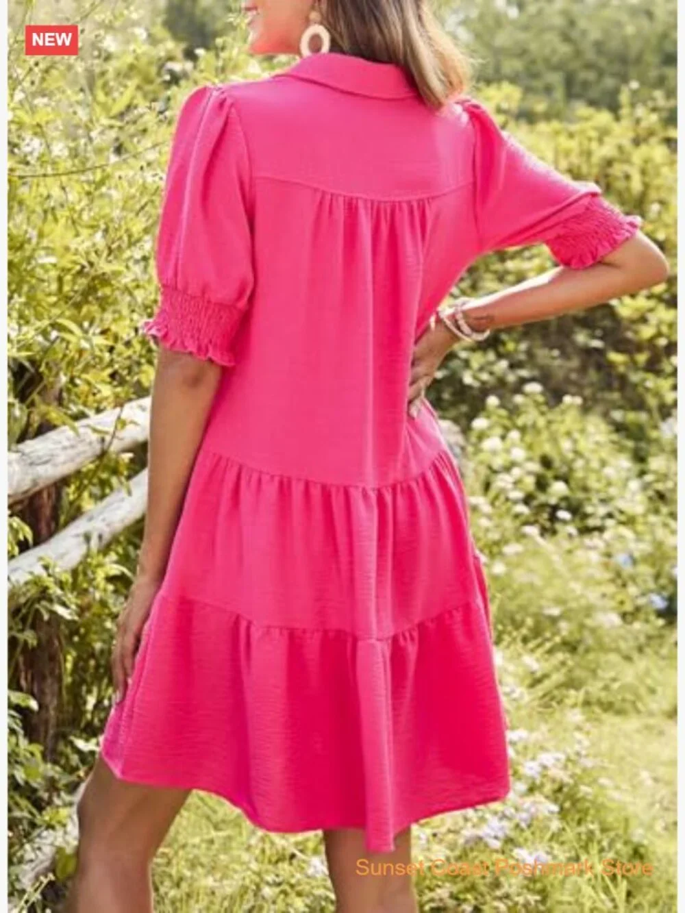 Womens Lapel V Neck Midi Dress Pleated A-Line Short Sleeve Summer Casual Pull On - Picture 5 of 7